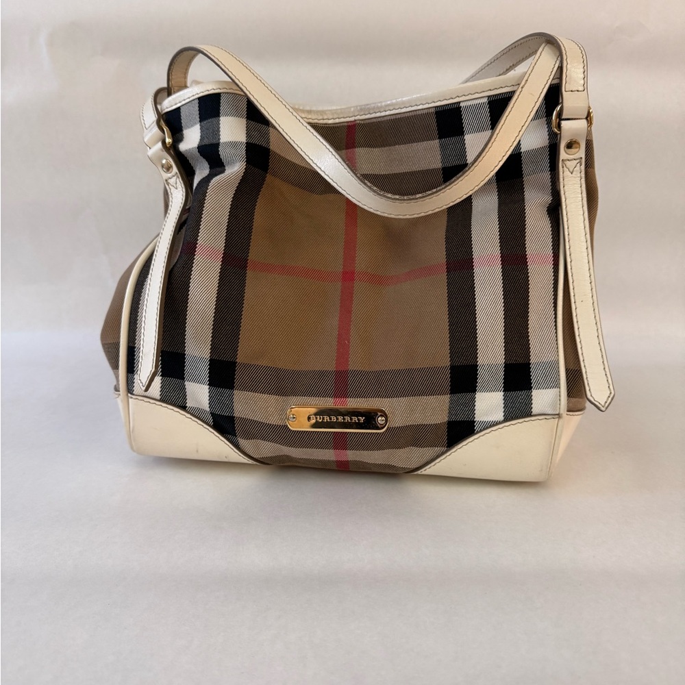 AUTHENTIC Burberry Beige and Black Plaid Canterbury Tote with white leather trim